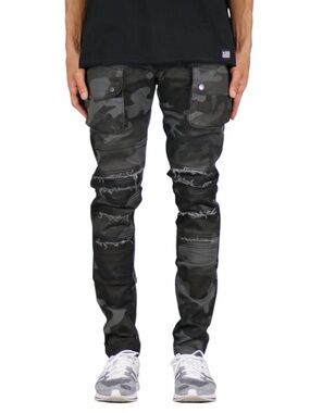 Men's Black Gray Camo Cargo Pants with Distressed Knees
